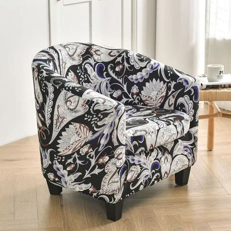 7-334 Housse De Fauteuil Style Classique Noir Blanc Avec Fleurs Raffinées