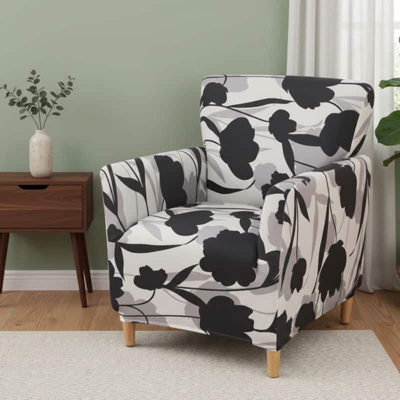 7-340 Housse De Fauteuil Bergère Élastique À Motif Floral Noir