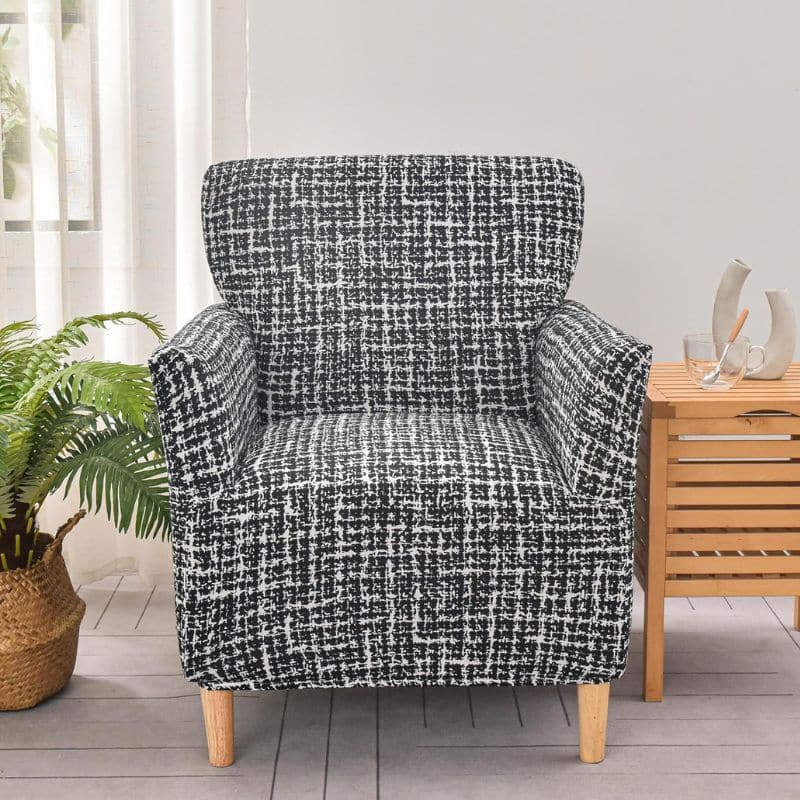 7-343 Housse De Fauteuil Bergère Imprimée Style Tartan Noir Et Blanc