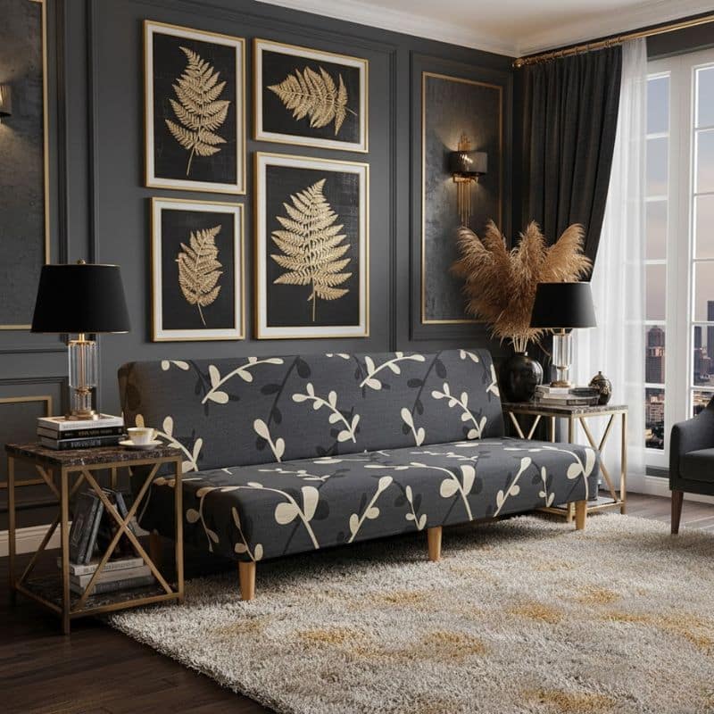 7-45 Housse De Canapé Clic-Clac Noire Taille Standard À Motif Floral Beige