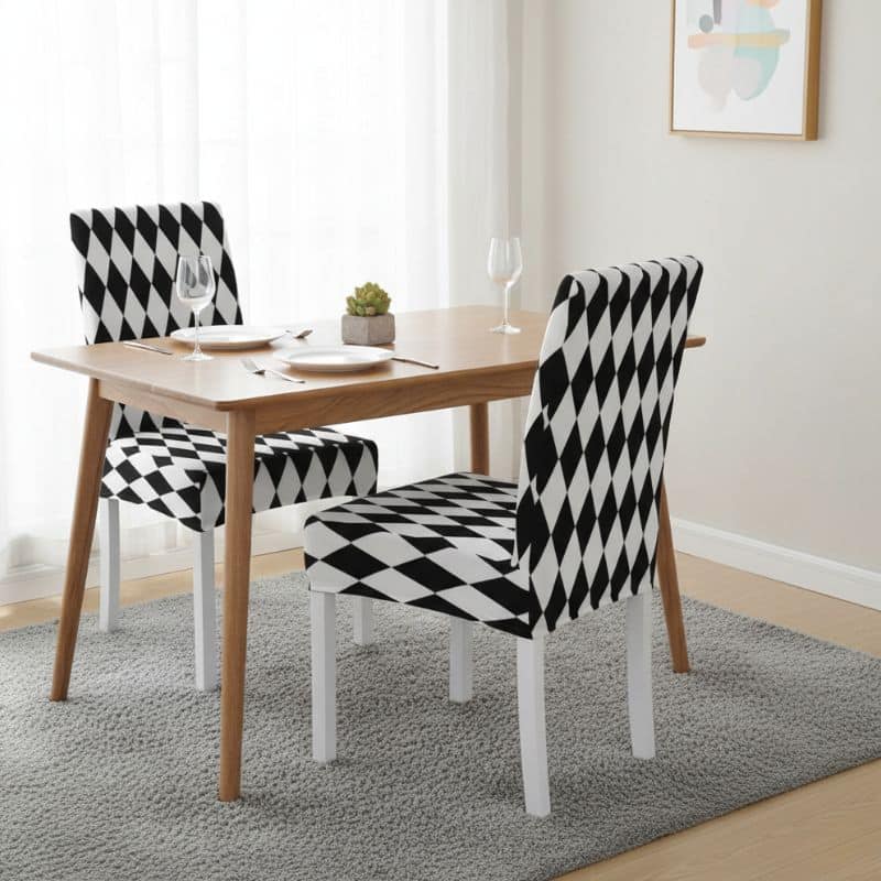 7-96 Housse De Chaise À Motif Losanges Noir Et Blanc Élégante