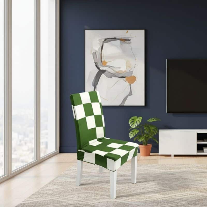 8-144 Housse De Chaise Extensible À Motif Carreaux Vert Chic