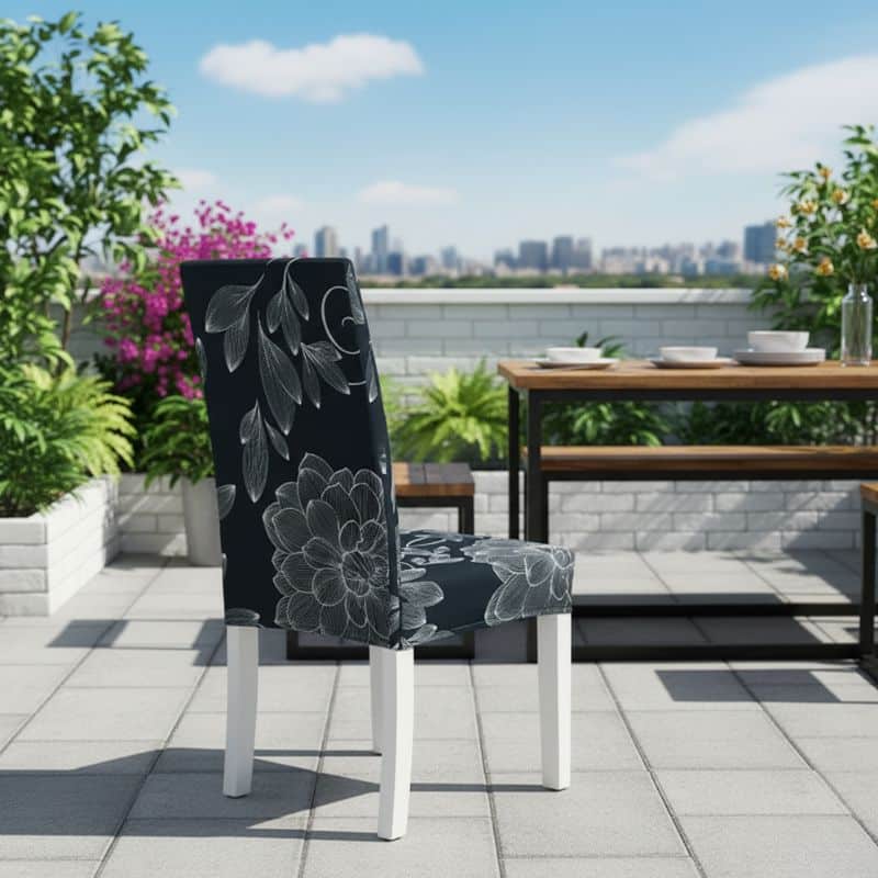 8-147 Housse De Chaise Extensible Style Floral Noir Et Blanc
