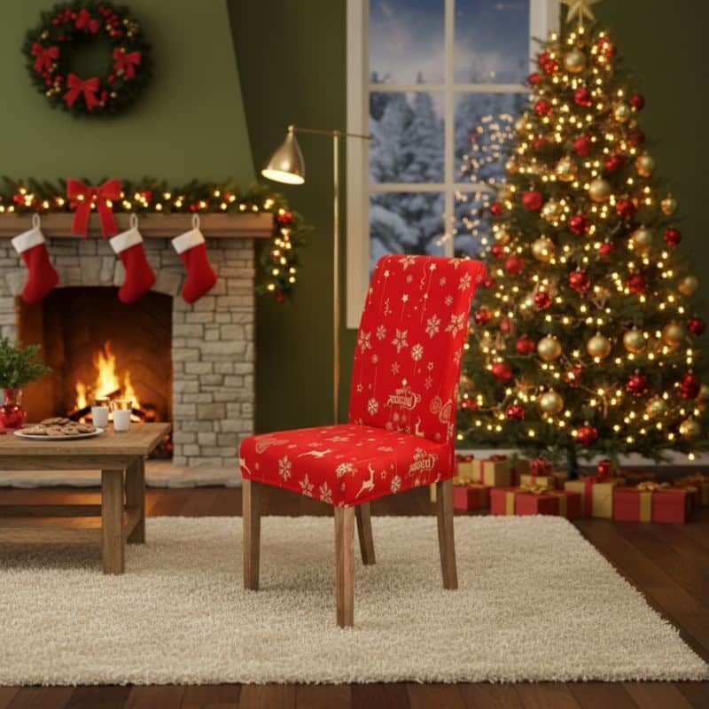 8-172 Housse De Chaise Évènementiel Pour Réception Motif Flocon Et Rennes Festive