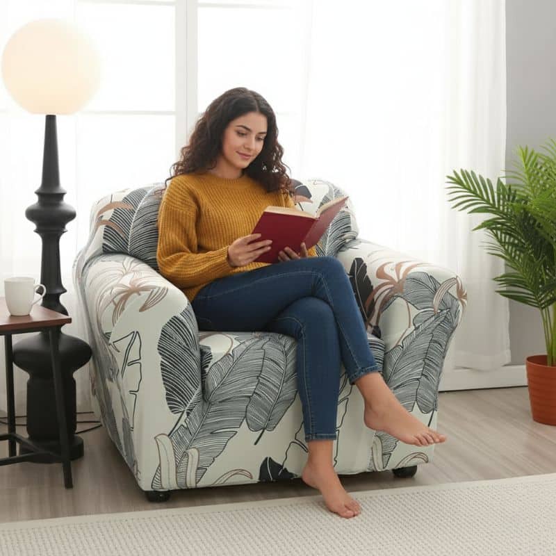 8-206 Housse de Fauteuil Extensible À Motif Feuillage Exotique