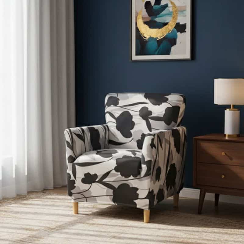 8-278 Housse De Fauteuil Bergère Élastique À Motif Floral Noir