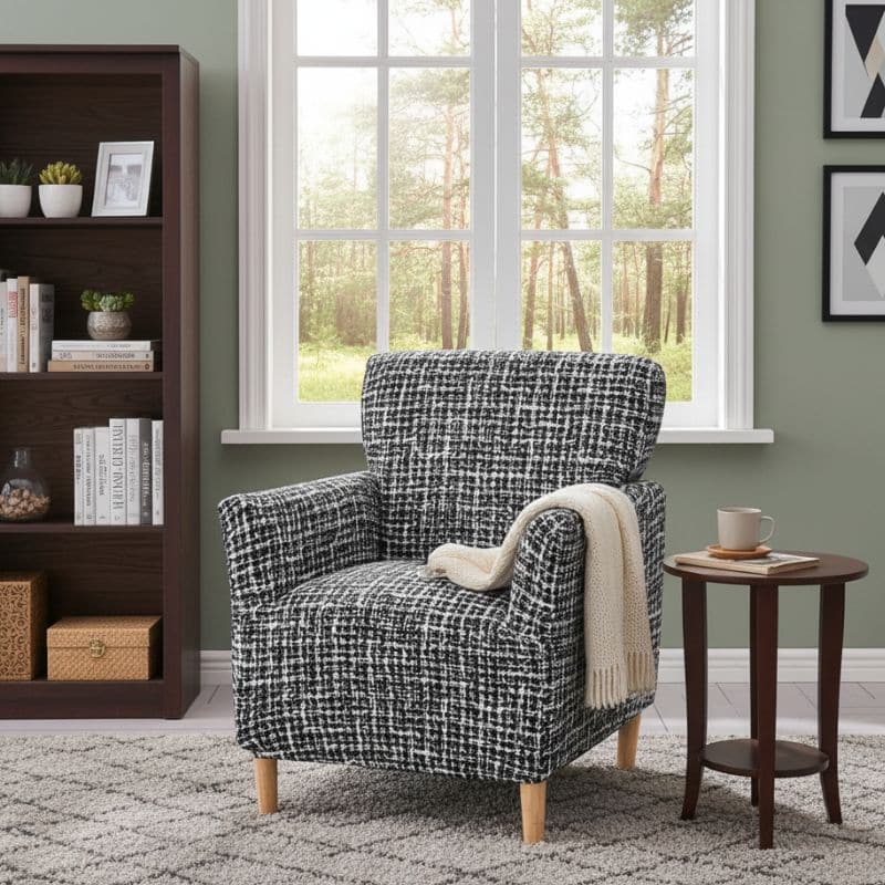 8-281 Housse De Fauteuil Bergère Imprimée Style Tartan Noir Et Blanc
