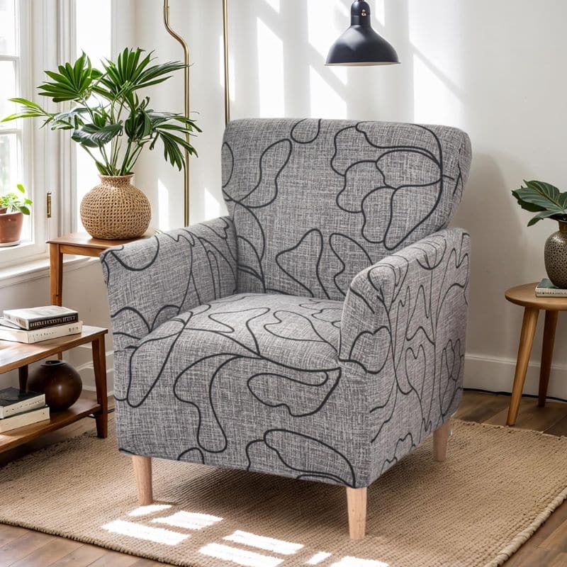 8-283 Housse De Fauteuil Bergère Grise À Motif Abstrait Extensible