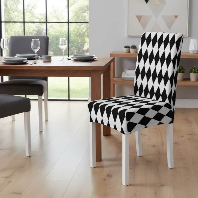 8-69 Housse De Chaise À Motif Losanges Noir Et Blanc Élégante