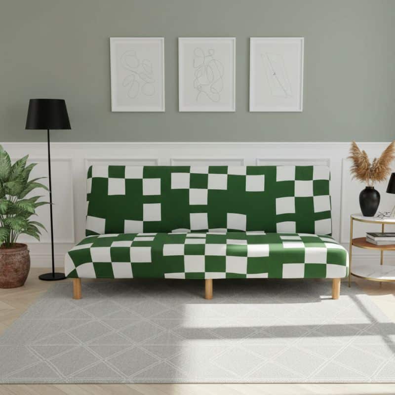 8-93 Housse De Canapé Convertible Et Extensible À Motif Carreau Vert Et Blanc