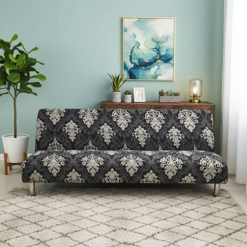 8-96 Housse De Canapé Convertible Style Baroque Noir Et Gris Élégante
